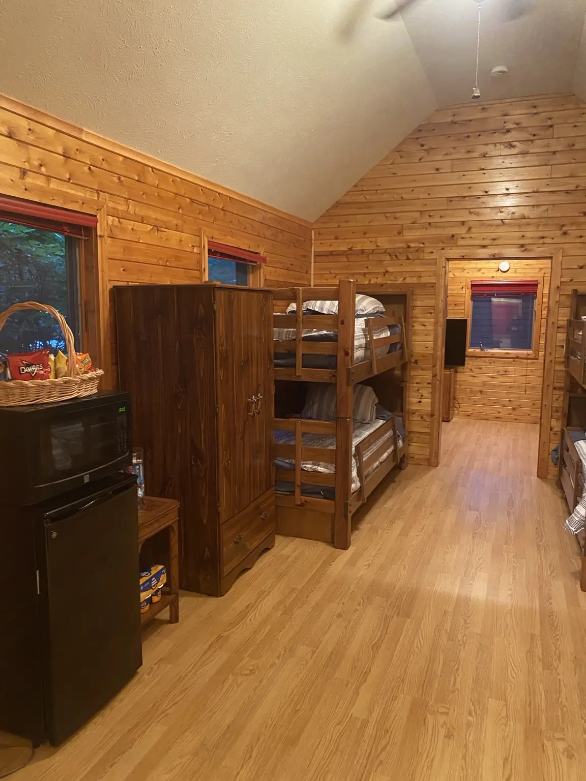 Seasonal bunkhouse interior with bunk beds