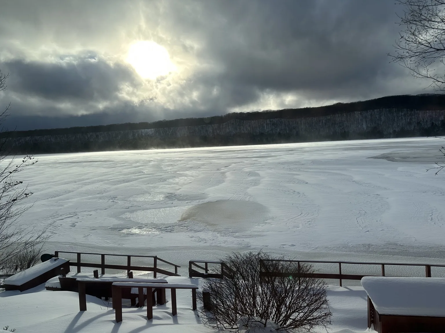 Winter view of Monocle Lake from the waterfront deck